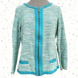 Coldwater Creek Bright Blue Aqua Multi Space Dye Zip Cardigan Sweater Jacket M